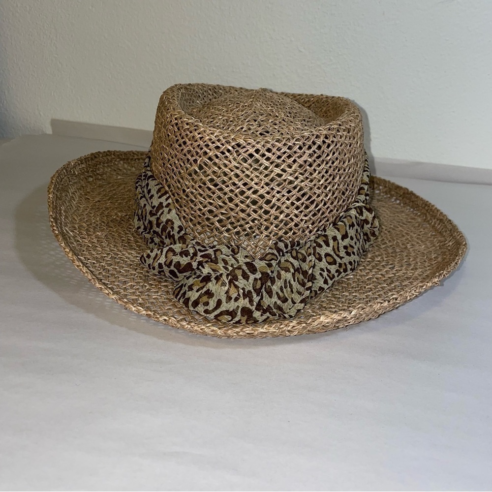 Straw Hat with Cheetah Leopard Print Sash Detail